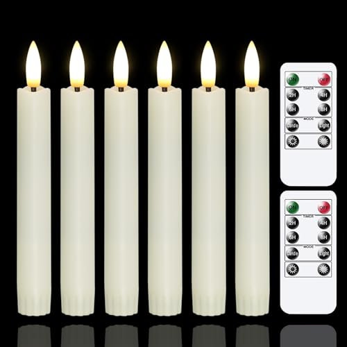 Yeelida Battery Operated Flameless Taper Candles with Two Remote Timer,16cm LED 3D-Wick Window Candles,Flickering Electric Long-Lasting Pack of 6 Flameless Candlesticks(2cm Dia,Ivory)