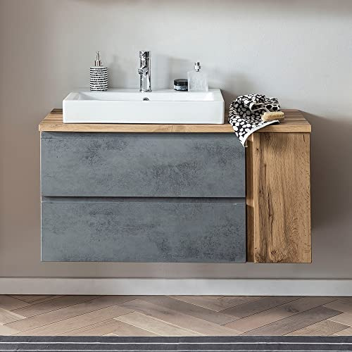 Lomadox Waschtisch mit Keramik-Aufsatzbecken Links in Wotan Eiche Nb. mit Beton Optik, B/H/T ca. 105/65,5/47 cm