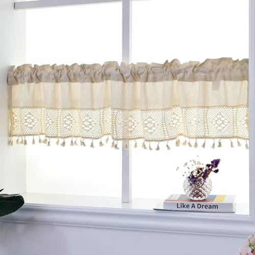 choicehot Häkelgardinen Kurzgardinen Leinen 60cm Hoch - Bistrogardine mit Quasten Landhausstil Scheibengardine Kurze für Küchen Schlafzimmer 1 Stück 150L x 60B cm