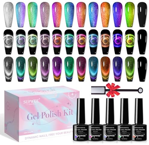 SUPWEE Cat Eye Gel Nail Polish Set, 12 Colors 9D Magnetic Nail Gel Polish with Magnet Glitter Galaxy Effect Manicure Cateye Varnish Salon Home DIY Art