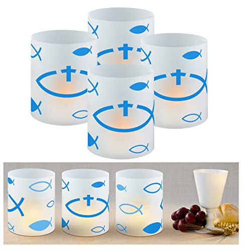 8 Stück Windlicht Fisch Deko, Lichthülle, Kommunion Tischlichter Kerzen Dekoration, Tischdeko Konfirmation or Taufe, ''Schön DASS du da bist'', Jungen und Mädchen, 10x27CM,(Blau