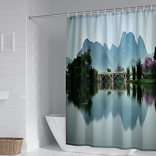 Bcughia Rideau de douche surdimensionné, joli rideau de douche motif montagne et lac, polyester multicolore, 165 x 200 cm
