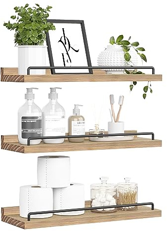 RYOFOBETTO Floating Shelves for Wall Decor, Light Brown Wood Shelves for Bathroom, Living Room, Bedroom, Picture Frames, Plants, Kitchen (Set of 3)