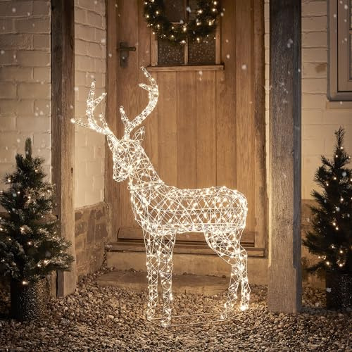 Lights4fun 3-in-1 Duchy LED Rattan Rentier Hirsch Figur 120cm Timer Weihnachtsbeleuchtung Außen und Innen