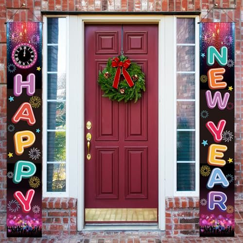 HAKOTOM 2 Stück Neon Neujahr Tür Banner 2025 - Silvester Deko Frohes Neues Jahr - Buntes Feuerwerk Happy New Year - Willkommen Veranda Schild für Silvester Party 30x185 cm