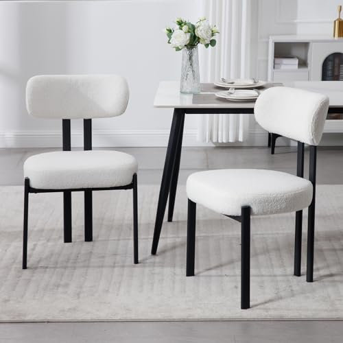 Wahson Esszimmerstühle 2er Set Teddystoff Küchenstuhl mit schwarzen Metallbeinen, Polsterstühle für Esszimmer/Küche/Wohnzimmer,Weiß