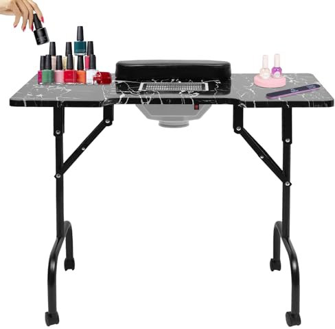 vinnyooc Tragbare Maniküretisch, Mobiles Nageltisch 4 Räder, Techniker Schreibtisch Faltbar, Nageltisch Schönheitssalon mit Staubabsaugung 2800RPM Tragfähigkeit 30-40kg für Nagelstudios