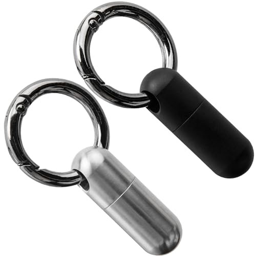2 Stück Mini Titan Pillendose Schlüsselanhänger, Wasserdicht Pillendose Metall, Tablettendose für Unterwegs mit Schlüsselring für Reisen im Freien (Schwarz, Silber)