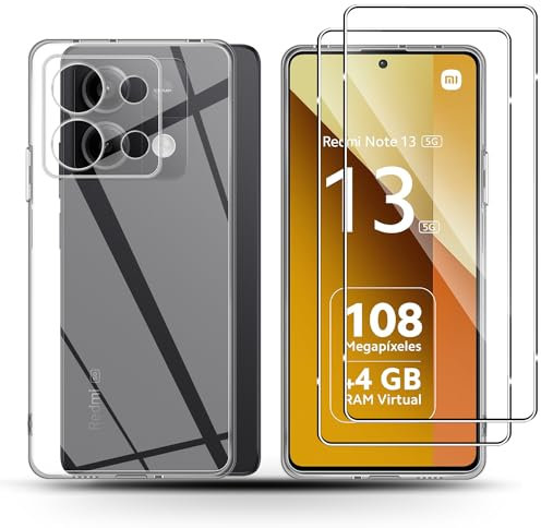 Holilo Hülle +2 Stück Panzerglas Schutzfolie für Xiaomi Redmi Note 13 5G, TPU Handyhülle Anti-Kratzer Dünn Schutzhülle 9H Härte Glas Displayschutzfolie Rundumschutz