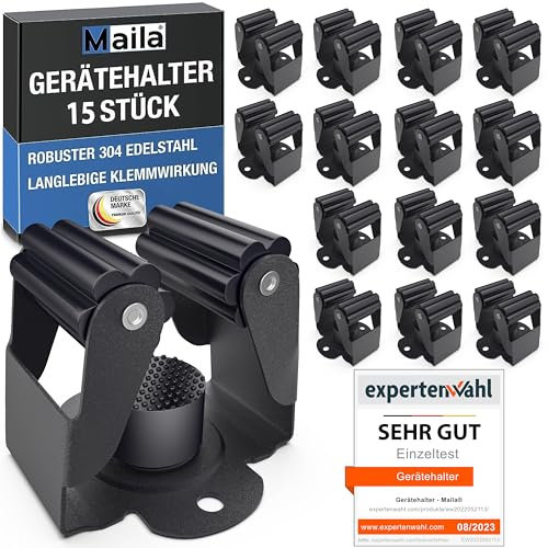 Maila® Gerätehalter (15er Set, Schwarz) - Robuster 304er Edelstahl rostfrei - Besenhalterung Wand mit starker Klemmwirkung, Wandhalterung für Besen, als Werkzeughalter