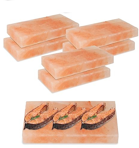 Fiqops 6x Salzstein zum Grillen L, 20x10x2,5cm Salz Grillsteine, Wiederverwendbar Salzgrillstein, Original Kristallsalz, Salzplatte zum Grillen für BBQ