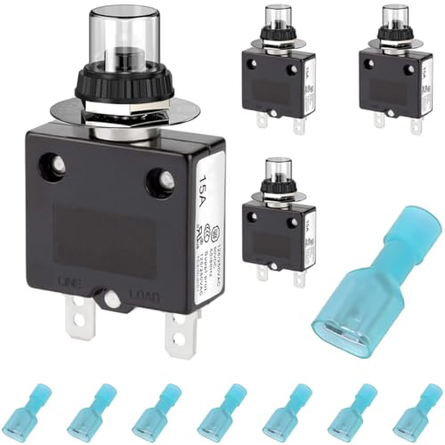 DAOKAI 15Amp Electric Button Breaker 125/250V AC 50V DC Push Button Circuit Breaker Thermal Overload Protector with Manual Reset, for Power Strips - 4PCS