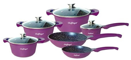 10-Teiliger Kochgeschirr-Set Topf Induktion Alu Guss Pfanne Topfset Kochtopfset Marmor Lila