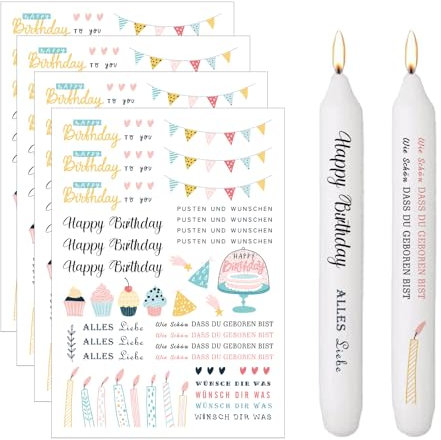 Bolosa 4 Stück Kerzentattoos Geburtstag, Kerzen Tattoo, Wasserschiebefolie, Kerzen Tattoo Geburtstag, Kerzensticker, Tattoo Folie Kerzen, für Gestaltung von Kerzen und Keramik, DIY A