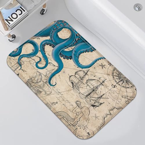 Fungarth Badezimmerteppich, Vintage-Stil, nautischer Oktopus, marineblau, Ozean, Kraken, Meerjungfrauen-Badteppich, wasserabsorbierend, rutschfest, Duschmatte, Anker, Küstenkarte, Memory-Schaum,