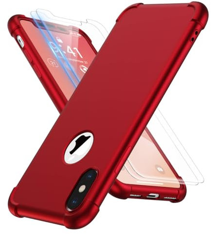 ORETECH for iPhone X/Xs Case, with [2 Pack 9H Screen Protectors] [10 Ft Military Grade Drop Test] [Camera Protection] 360 Shockproof Ultra Thin Anti Scratch Hard PC Silicone Cover - Red