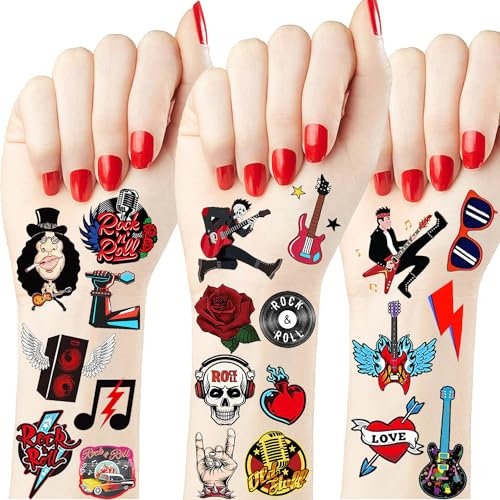 Rock N Roll Temporäre Tattoos Aufkleber für Kinder Musik Rock Band Star Geburtstag Party Begünstigungen Dekorationen Zubehör für Jungen Mädchen Geschenke Klassenzimmer Schule Preise Belohnungen 20 Bla