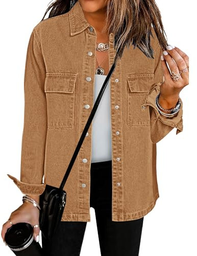 Vetinee Ladies Denim Shirt Jacket for Women - Brown Size Medium Fits UK Size 12-14