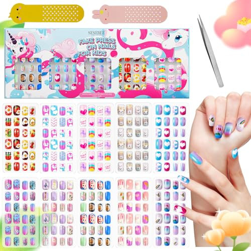 240 Piezas De Uñas Para Niños, Prepegamento,Cobertura Completa, Uñas Postizas Cortas,Sin Decoloración,Estable,Pegado Rápido En Uñas Postizas Para Niñas y Niños (Unicorno Arcobaleno, 240 PCS)