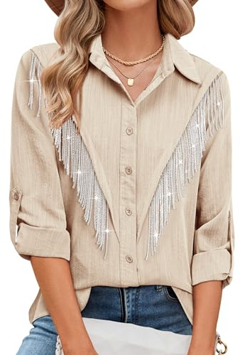 MYMORE Women's Rhinestone Fringe Button-Up Shirt with Rolled 3/4 Sleeves Glitter Top Concert Nashville Western Cowgirl Outfit, L
