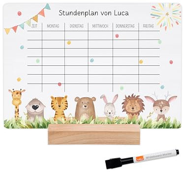 wunderwunsch® - Personalisierbarer & Abwaschbarer Stundenplan aus Acryl + Stift und Holzhalter - Einschulung Geschenk, für Schultüte zum Schulanfang oder Grundschule (Tiere Wiese,mit Holzhalter)