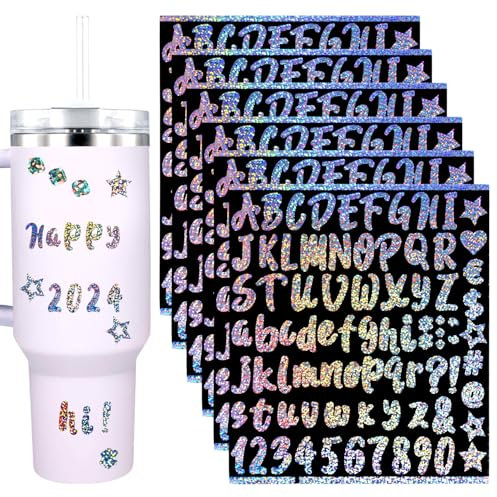6 Sheets Vinyl Letters Stickers, Colorful Glitter Vinyl Alphabet Name Stickers Capital Letter Stickers Small Letter Stickers Scrapbook Waterproof Adhesive Water Bottle Stickers for Stanley Cups