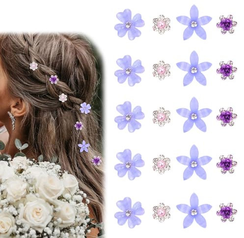 Mezrkuwr Lot de 20 pinces à cheveux violettes en forme de petites fleurs - Mini épingles à cheveux en métal avec strass pour femme - Accessoires de cheveux de mariage - Barrettes à cheveux pour filles