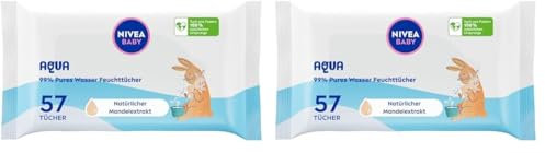 NIVEA Baby AQUA Feuchttücher, Baby Feuchttücher zur sanften Reinigung empfindlicher Haut, hypoallergene und parfümfreie Feuchttücher für Babys mit 99% Wasser (1 x 57 Stück) (Packung mit 2)