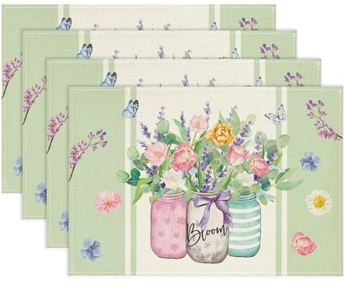 4er Set Blumen Schmetterling Frühling Platzsets Abwaschbar 30x45cm, Platzdeckchen Stoff Blumen, Tischuntersetzer Tischunterlage Saisonaler Sommer Küche Tisch Dekoration Drinnen Urlaub Party Dekor (C)