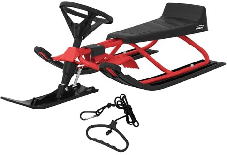 ECD Germany Lenkschlitten in Rot, Kinderschlitten Rodel ab 5 Jahre, Skibob für Kinder/Erwachsene bis 90 kg, Schlitten mit Lenkrad, Fußbremse, Zugseil, Sitz mit Rückenlehne, Stahlrahmen, 119x38x50 cm