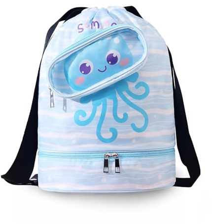Voici et Voila Kordelzug Rucksack Turnbeutel Schwimmtasche Sporttaschen Kinder Wasserdichter Schwimmstrand Einkaufssack Mädchen Jungen mit Nassfach Getrennte Aufbewahrung Schuhe Schutzbrille