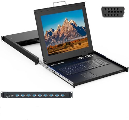 MT-VIKI Interruptor de monitor KVM de 8 puertos con monitor LCD de 17 pulgadas, compatible con rack de 1U de 19 pulgadas, integrado con teclado, almohadilla táctil, cajón y 8 cables KVM, compatible