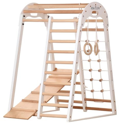 Struttura compatta per arrampicata indoor per bambini e adulti – parete a pioli, rete e anelli – allenamento a casa (EN 913) (kid2 bianco)