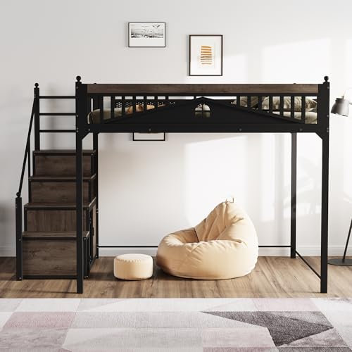 Dolamaní Letto a soppalco in metallo, 140 x 200 cm, con strisce di sicurezza, protezione dalle cadute con sfera in metallo e design finestra (nero B)