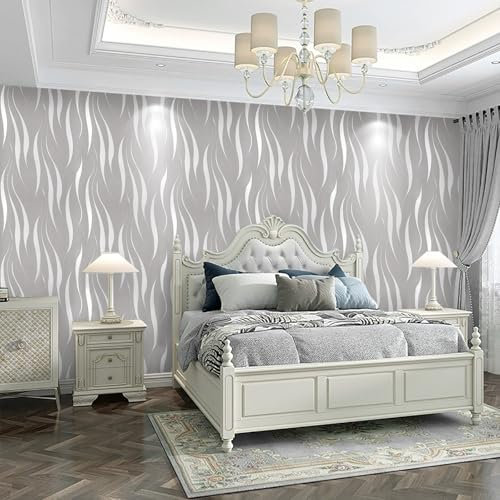 Beswitory Abstract Grey Wallpaper Non-Woven Wave Stripes Roll Embossed Wave Wallpaper Grey Glitter Wallpapers Feature Stripe Modern Geometric Patterned for Bedroom Livingroom