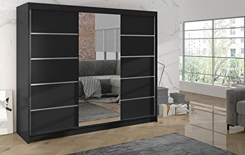 Easy4You London 200 cm Sliding Door Black Wardrobe with Mirror Widths 100/120/150/180/200 cm Furniture for Bedroom Living Room Wardrobe with Hanging Rail