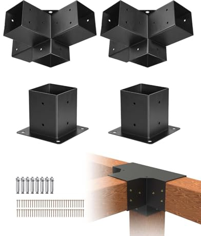 VEVOR Kit Supports de Pergola, Lot de 4, Support de Poteau Bois 92x92 mm, 2 Supports d'angle 4 Voies, 2 Bases de Poteaux, Acier au Carbone, pour Poutres Bois Standard, Banquets de Fête en Plein Air