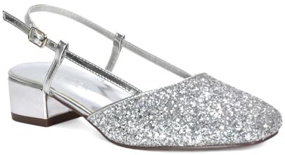 ESSEX GLAM Women's Slingback Court Shoes Ladies Silver Glitter Buckle Strap Party Low Block Square Toe Comfy Heel Size 7