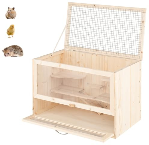 GYMAX Cage pour Hamster en Bois, Panneau en Acrylique Transparent, Échelle et Plateformes d'Activités, Toit Rabattable en Grillage, Maison pour Petits Animaux d'Intérieur, Hérisson, Cochons d'Inde