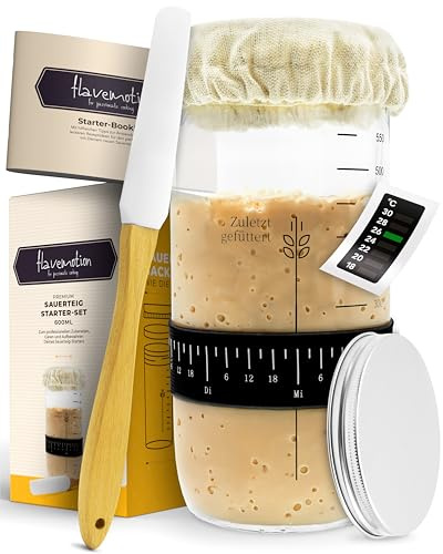 Flavemotion Sauerteig Starter Set mit 600ml Gärglas für eigenen Sauerteig | Einfacher Sauerteig-Start mit Thermometer, Spatel & Anleitung, 600ml-Gärglas als Brot backen Zubehör für Sauerteig-Einsteiger