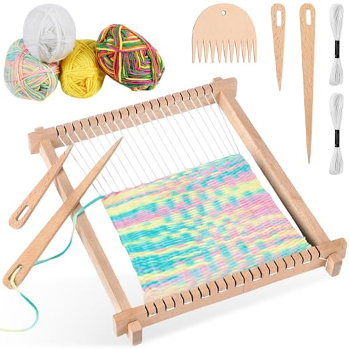 Xinxinphi Wooden Weaving Loom with Combs & Mixed Yarns, 24x28cm Multi-Craft Large Lap, Hand-Knit Machine, DIY Hand-Knitted Woven Set, Adjustable Frame Knitting Looms for Adults, Beginners, Kids