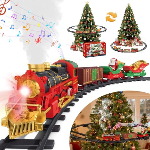 Weihnachtsbaum Zug Elektrisch Set, Weihnachtszug mit Musik und Spray, Train Around Christmas Tree, Eisenbahn Kinder Elektrisch mit Schienen, Zug für Tannenbaum, Schwebender Weihnachtszug für Kinder 3+