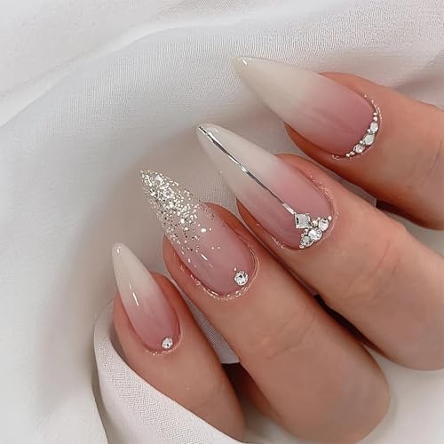 Silver Gradient Press On Nails Almond Shape Short Square False Tips - Elegant French Manicure Stickers with Glitter Design, 24pcs Short Stick On Gel Summer Acrylic Handmade Kit for Women
