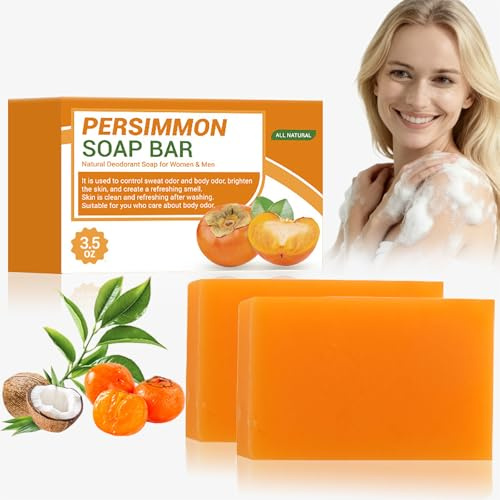 Persimmon tvålstycke mot kroppslukt, naturlig deodorant badtvål för ålderslukt, handgjord persimmon grönt te tvål för ansikte och kropp, djuprengöring och fuktgivande (2 st)