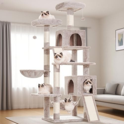 Gitelsnour Arbre à Chat, Tour de Jeux pour Chats de 180cm, Tour à Chat Interieur avec 2 griffoirs, 7 poteaux à griffer, 2 perchoirs, 2 Lits pour Chat en Peluche, hamac, Marron Beige GCT032MU