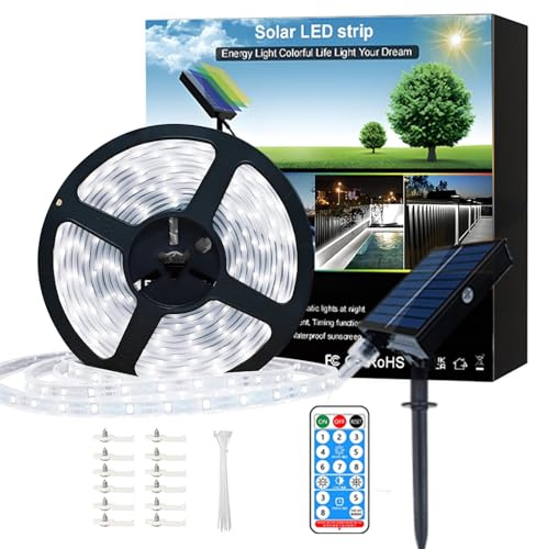 Meewata 6M Solar LED Strip Lights Outdoor Waterproof with Self Adhesive, 8 Mode with Remote Timer, Perfect for Deck, Patio, Pathways, Camping Decor, Cold White