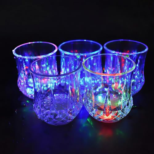 WREWING 5 Pack LED Light Up Party Cups, 70ml Automatic Liquid Activated Glowing Acrylic Cups for Wine, Beer, Cocktails & Holiday Events