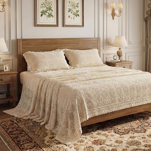 Tigeen Large Vintage King Bedding Set Crochet Linen Bedspread 106 x 110 Inches 1 Pcs Floral Beige Lace Blanket Light Blanket for Summer Bed Spread with 2 Pcs Pillowcases, Gifts for Woman
