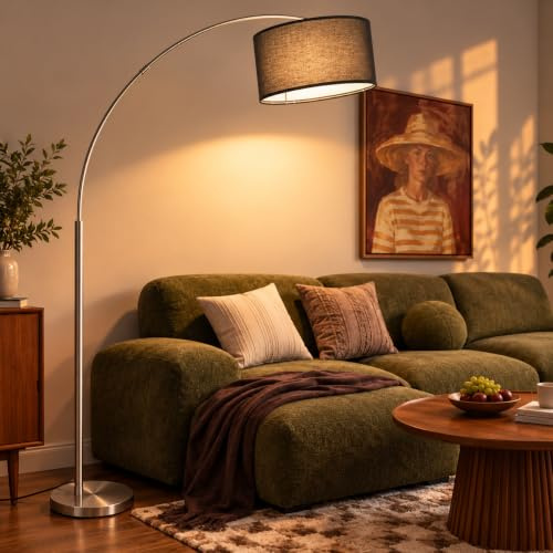 LuminexDesigns Bogenlampe Wohnzimmer 200cm Silber-Schwarz, E27 Stehlampe | Mit 80cm Ausladung, 320° verstellbarem Lampenkopf, Fußschalter, 3 Farbtemperaturen für Sofa Esstisch und Lesenecke OVEL FL21