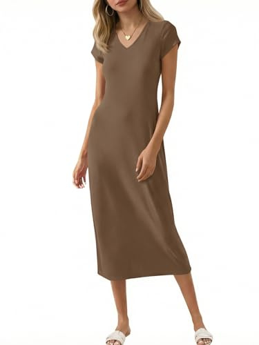 Wenrine Vestido Midi de manga corta para mujer, cuello en V, vestido largo, color liso, camiseta de verano, café, L